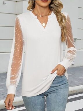 NWT White Sheer Dot Sleeve V-Neck Top-XL